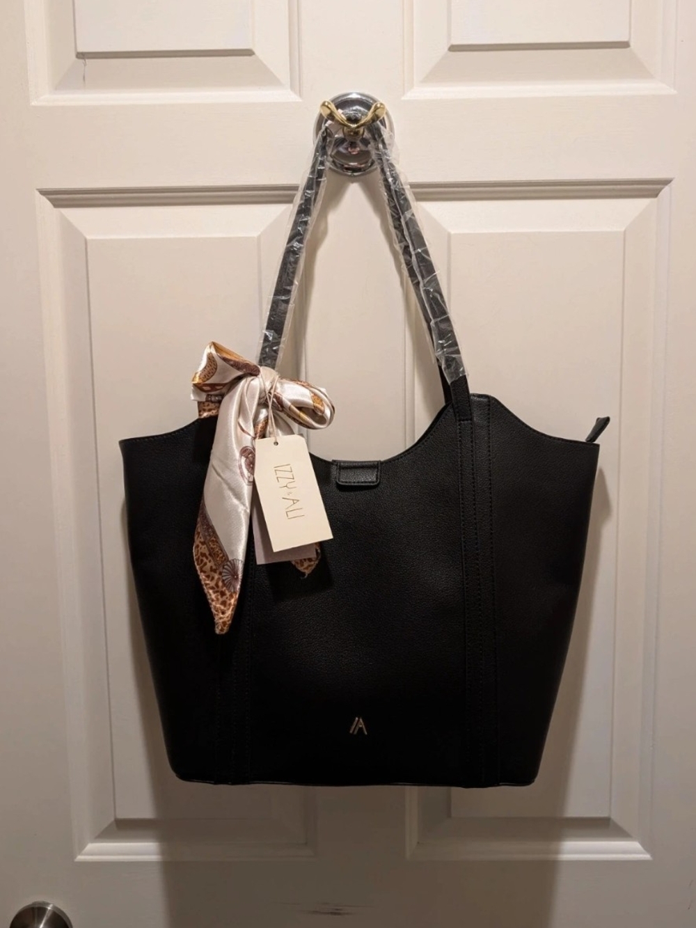 Izzy &Ali Black Leather Tote Bag with Scarf Accent